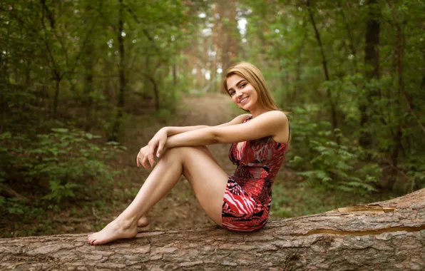 Picture greens, forest, look, girl, trees, nature, pose, smile, Park, portrait, makeup, figure, dress, hairstyle, legs, …