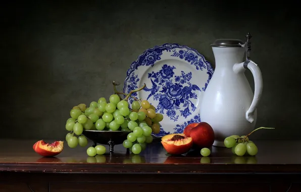 Picture style, background, plate, grapes, pitcher, fruit, still life, peaches