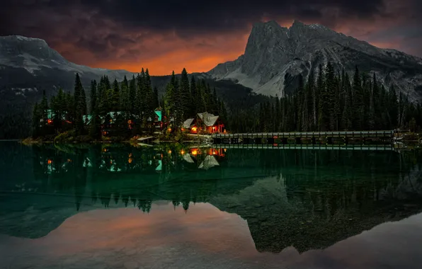Picture trees, landscape, mountains, night, nature, lake, reflection, home, ate, lighting, Canada, Perry Hoag