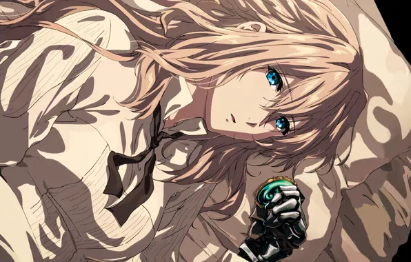 Picture look, face, blue eyes, brooch, bangs, iron hand, white blouse, Violet Evergarden, by Akiko Takase