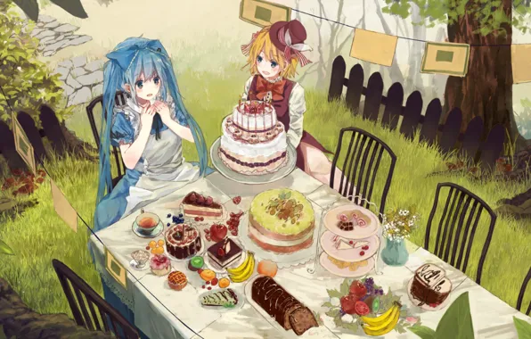 Picture table, the fence, chairs, surprise, the tea party, bananas, sweets, cake, hat, vocaloid, Hatsune Miku, …