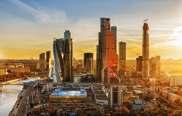 Picture autumn, sunset, the city, river, building, home, Moscow, skyscrapers, megapolis, Moscow-City, business center