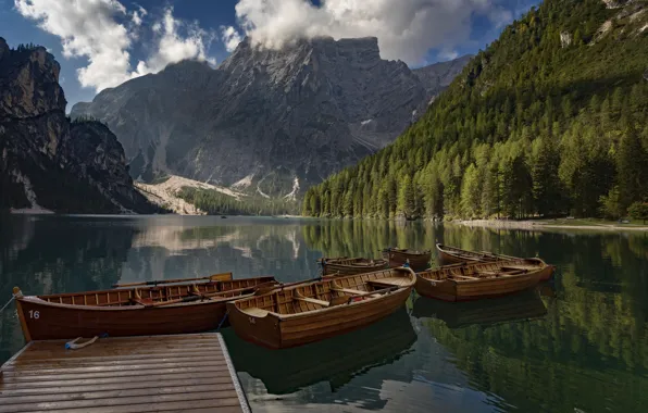 Picture forest, mountains, lake, Marina, boats, Italy, Italy, The Dolomites, South Tyrol, South Tyrol, Dolomites, Lake …