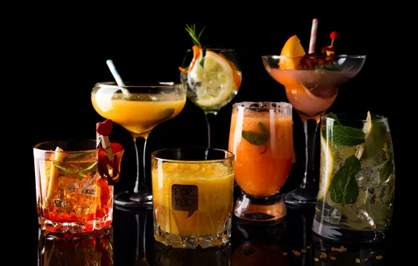Picture ice, lemon, orange, Cocktail, glasses, juice, drinks, slices