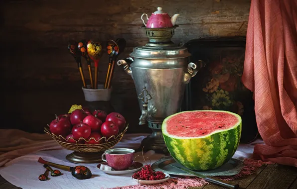 Picture comfort, retro, berries, the dark background, table, wall, tea, half, apples, Board, towel, watermelon, kettle, …