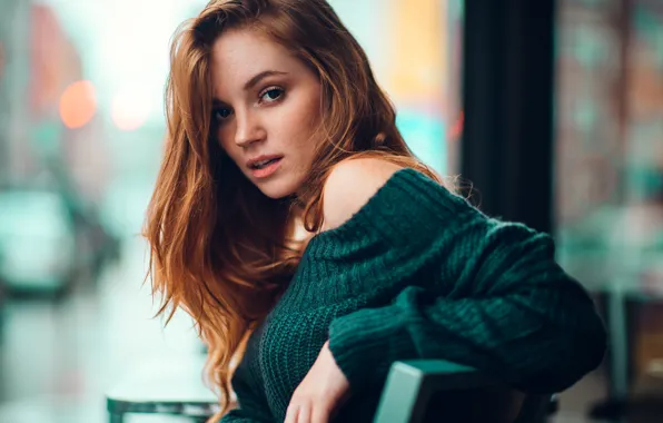 Picture look, girl, face, pose, portrait, freckles, red, redhead, sweater, bokeh, freckled