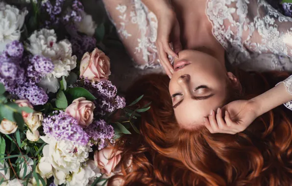 Picture girl, flowers, face, pose, hands, makeup, red, redhead, closed eyes, Natalia Magicka, Anna Saeva