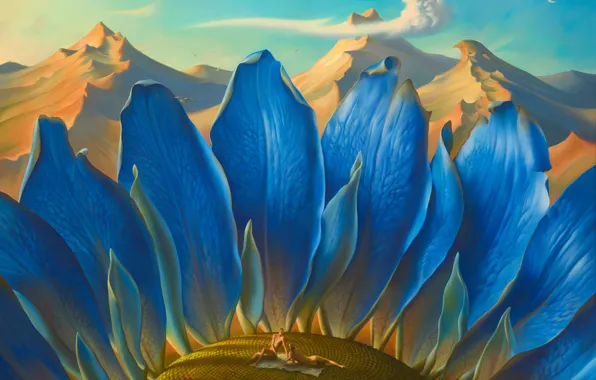 Picture the sky, clouds, mountains, surrealism, picture, painting, the magical world, Metamorphosis, Vladimir Kush, blue sunflower