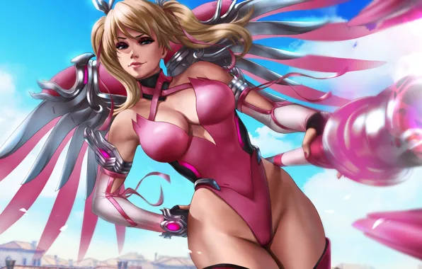 Picture chest, the sky, feet, body, wings, Tits, blonde, costume, beauty, pink, mercy, angela ziegler
