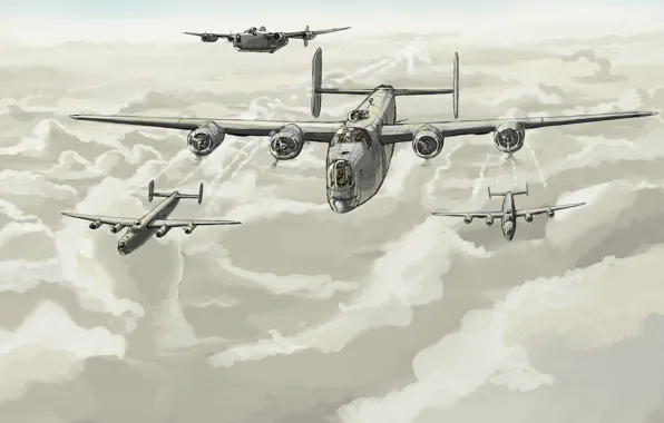 Picture clouds, art, flight, bombers, USAF, Consolidated, B-24 Liberator