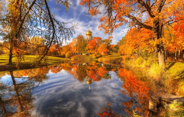 Picture autumn, landscape, branches, nature, the city, pond, Park, reflection, temple, the dome, reserve, Pushkin, Ed …