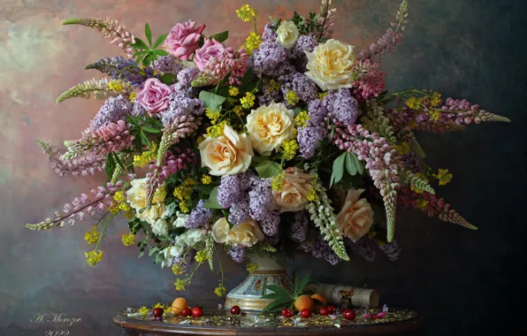 Picture flowers, style, background, roses, bouquet, still life, cherry, lilac, apricots, lupins, Andrey Morozov