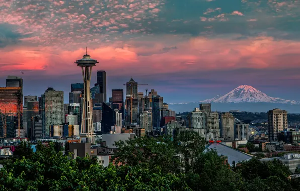 Picture sunset, the city, building, mountain, home, Seattle, USA, skyscrapers, Perry Hoag