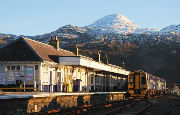 Picture landscape, nature, winter, mountain, snow, station, train, Scotland, Great Britain, United Kingdom, building, train station, …