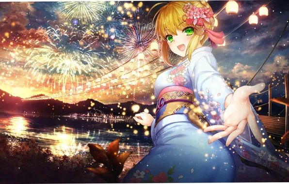 Picture girl, smile, holiday, salute, yukata, festival, the saber, Fate stay night, Fate / Stay Night