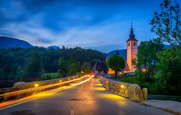 Picture landscape, mountains, bridge, lake, tower, the evening, lighting, village, forest, Slovenia, national Park, Bohinj, Triglav, …