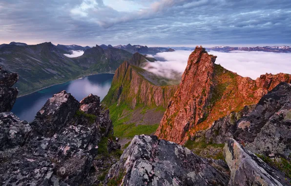 Picture sea, clouds, landscape, mountains, nature, rocks, island, morning, Norway, Senja, Maxim Evdokimov