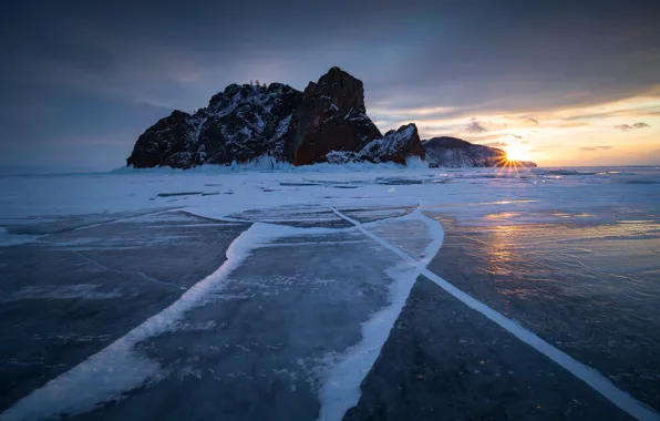 Picture winter, sunset, rock, ice, Russia, Lake Baikal, frozen lake