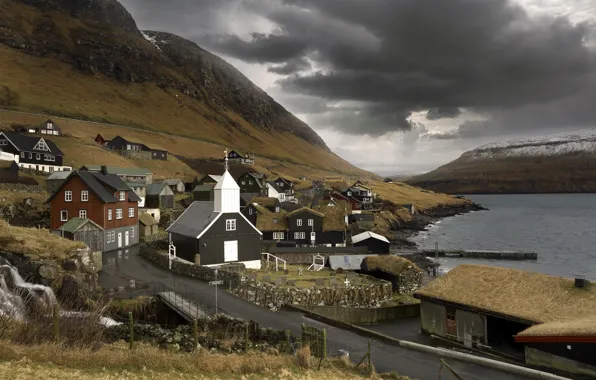 Picture road, shore, Bour, Faroe islands