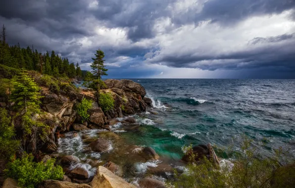 Picture wave, forest, trees, landscape, clouds, storm, nature, lake, stones, rocks, shore, USA, Tahoe, Lake Tahoe
