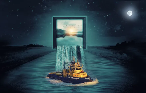 Picture night, field, waterfall, The moon, screen, the ship, photo manipulation, road river
