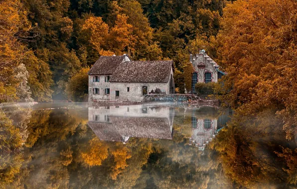 Picture autumn, forest, trees, reflection, river, France, building, France, Franche-Comte, Franche-Comté, Loue Valley, The valley of …