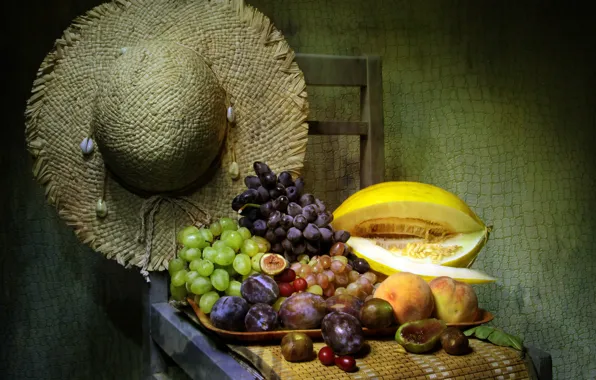 Picture hat, chair, grapes, fruit, still life, peaches, tray, melon, drain