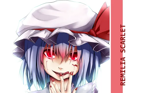 Picture red eyes, hunger, madness, Remilia Scarlet, hell of a grin, face, touhou project, blood on …