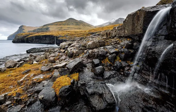 Picture clouds, stones, rocks, coast, waterfall, Faroe Islands