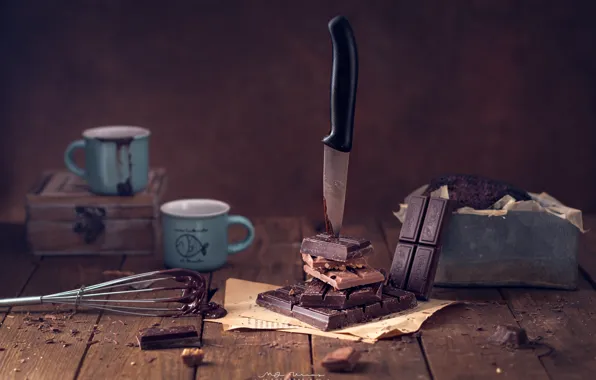 Picture chocolate, knife, mugs, still life, whisk