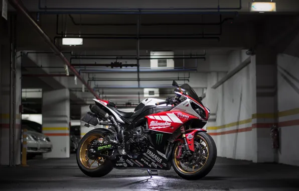 Picture red, white, yamaha, parking, yzf-r1