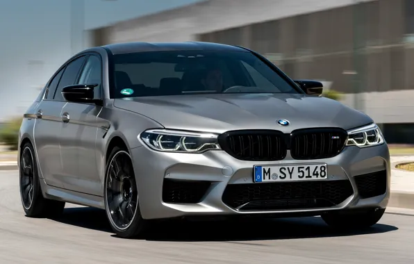 Picture road, grey, the building, speed, BMW, sedan, 4x4, 2018, four-door, M5, V8, F90, M5 Competition