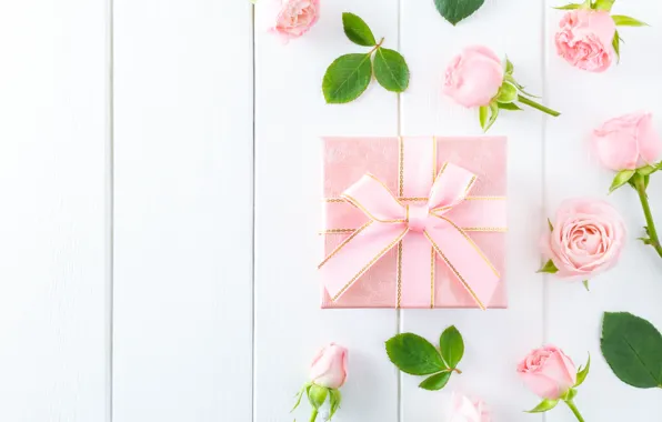 Picture white, background, gift, pink, buds, wood, roses
