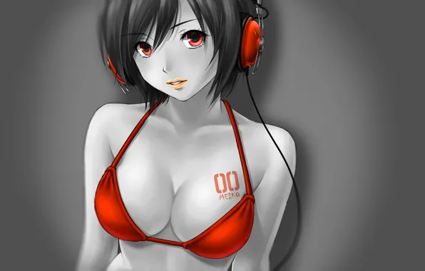 Picture red, girl, vocaloid, anime, headphones, meiko