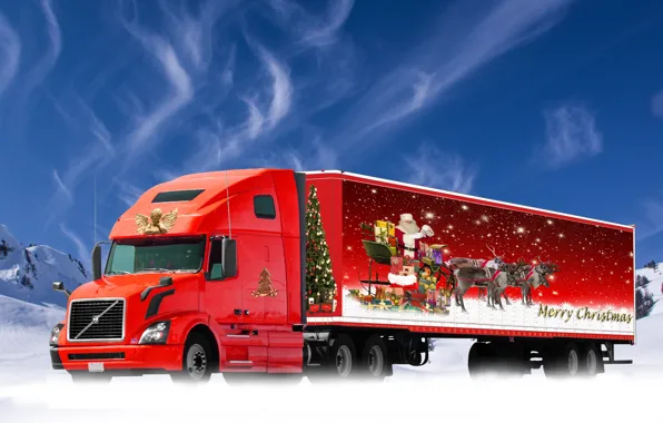 Picture Red, Christmas, New year, Santa Claus, Car, Santa Claus, The truck, Gifts, Грузовая Машина