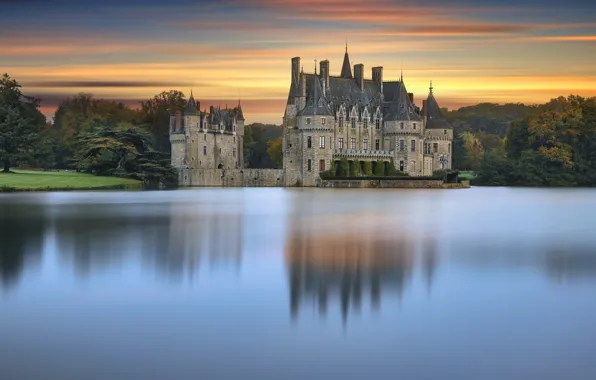 Picture water, landscape, nature, pond, Park, reflection, castle, France, the evening, Chateau de la Bretesche, British, …