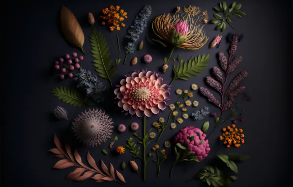 Picture leaves, flowers, dark, still life, flowers, background, leaves, still life, composition, composition, floral, flower