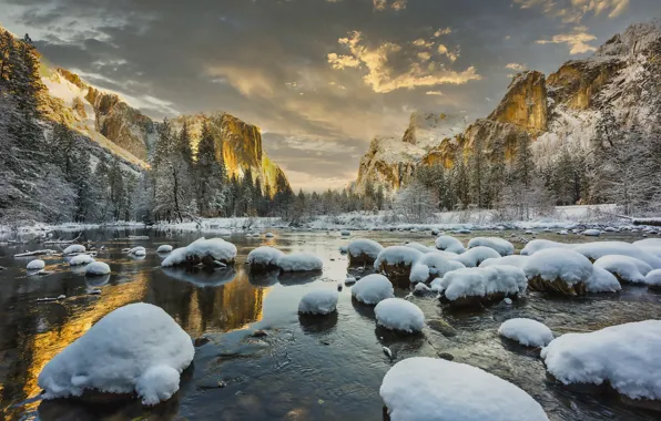 Picture snow, mountains, lake, stones, USA, Yosemite