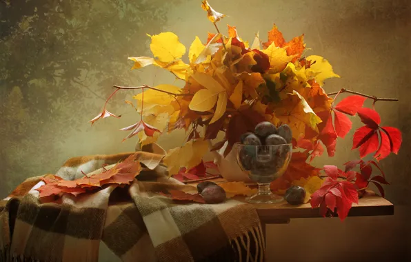 Picture leaves, branches, berries, scarf, fruit, still life, plum, table, vase, ramekin, Kovaleva Svetlana