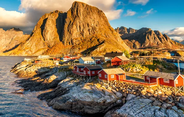 Picture light, landscape, mountains, nature, rocks, Norway, houses, pond, the village, blue sky, piles, rocky shore, …