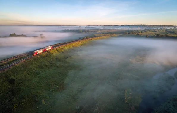 Picture summer, fog, river, train, railroad, summer, Russia, river, the view from the top, spaces, fog, …