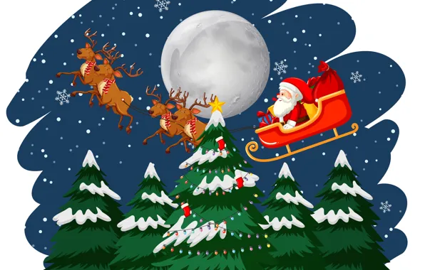 Picture Winter, Night, Snow, The moon, Christmas, New year, Santa Claus, Deer, Tree, Sleigh, Развозит подарки