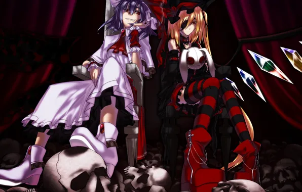 Picture skull, the throne, eye patch, in the dark, Touhou Project, Remilia Scarlet, Flandre Scarlet, hell …
