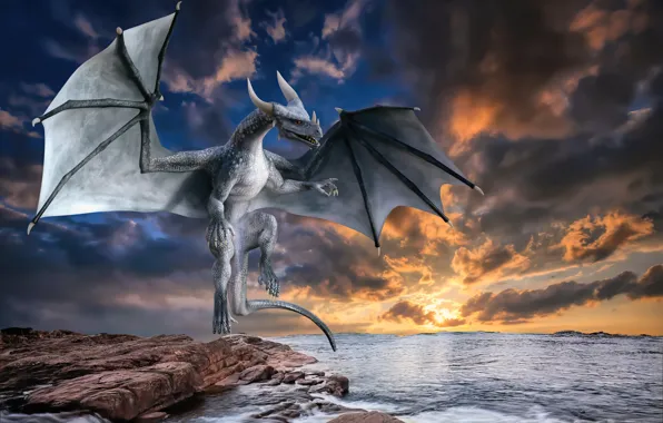 Picture sea, water, clouds, sunset, dragon, horns, horns, sea, sunset, water, clouds, dragon, fantasy art, fantasy …