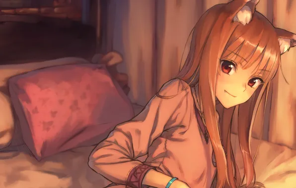 Picture look, pillow, red, ears, on the bed, art, Spice and Wolf, Holo, Spice and wolf, …