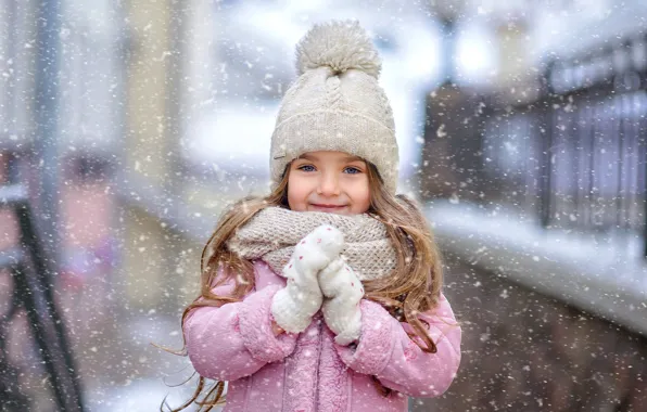 Picture winter, look, snow, smile, mood, scarf, girl, cap, mittens, gloves
