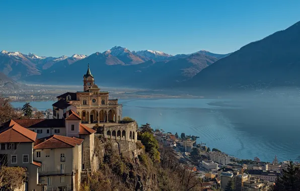 Picture mountains, lake, home, Switzerland, Alps, Church, the monastery, Switzerland, Alps, Maggiore, Lake Maggiore, Locarno, Locarno, …
