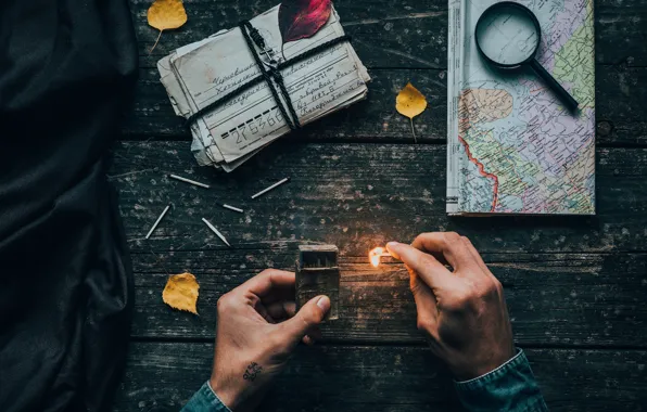 Picture wallpaper, flame, mood, map, situations, hands, letters, cards, matches, 4k uhd background