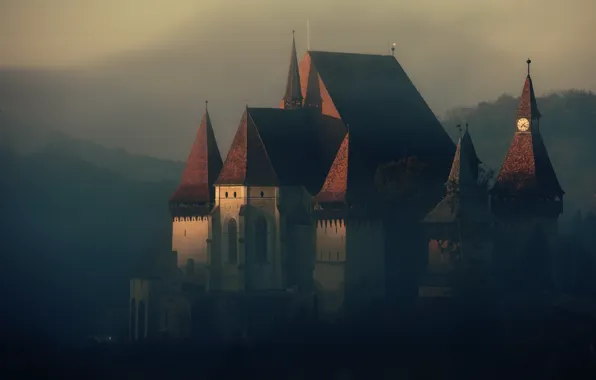 Picture fog, castle, architecture, Romania, Alexander Perov