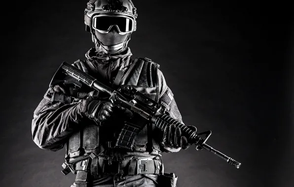 Picture background, mask, glasses, soldiers, machine, gloves, helmet, black and white, equipment, uniform, vest